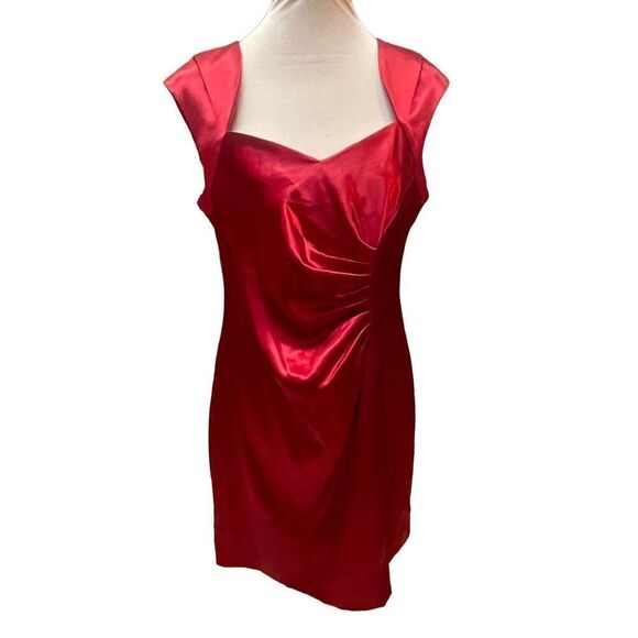 Shelby Nites Vintage Red Sheath Style Sleeveless Satin Midi Dress  With Ruched F - Picture 13 of 16